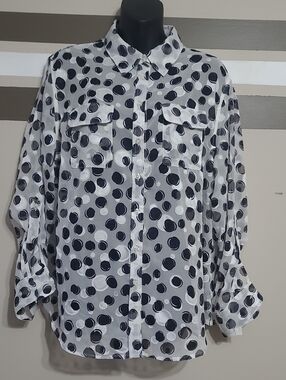 NWT TanJay Black & White Textured Polka-Dot Sheer Long-Sleeve Blouse Sz 16P
